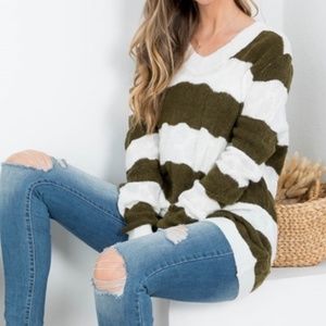 SMALL OLIVE WHITE STRIPES V-NECKLINE KNITTED PULLOVER SWEATER TOP